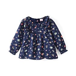 Babyhug Rayon Full Sleeves Floral Printed Top with Frill Detailing - Navy Blue