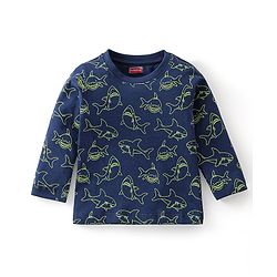 Babyhug Single Jersey Cotton Knit Full Sleeves Night Suit Marine Life Print - Navy Blue