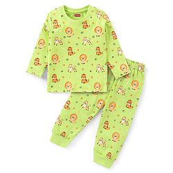 Babyhug Cotton Knit Full Sleeves Night Suit With Tiger & Lion Print - Green
