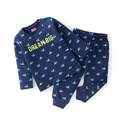 Babyhug Cotton Knit Full Sleeves Night Suit with Text Print - Navy Blue