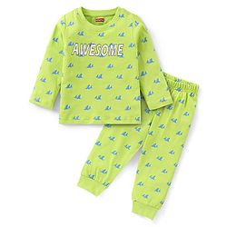 Babyhug Cotton Knit Full Sleeves Night Suit With Text Print - Green