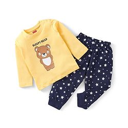 Babyhug Cotton Knit Full Sleeves Night Suit With Teddy Print - Yellow & Navy Blue