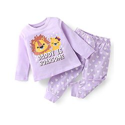 Babyhug Single Jersey Cotton Knit Full Sleeves Night Suit Lion Print - Lavender