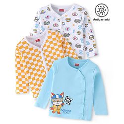 Babyhug 100% Cotton Knit Antibacterial Full Sleeves Front Open Jhablas Race Print Pack of 3 - Multicolour
