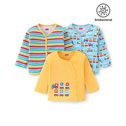 Babyhug Cotton Knit Antibacterial Full Sleeves Vests Stripes & Train Print Pack of 3 - Blue Red & Yellow