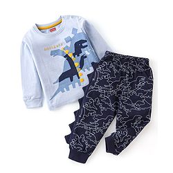 Babyhug Cotton Knit Full Sleeves Night Suit Dino Print - Navy Blue