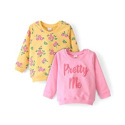 Babyhug Cotton Knit Full Sleeves Sweatshirt With Floral & Text Graphics Pack Of 2 - Pink & Yellow