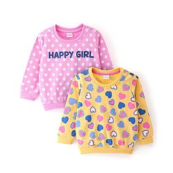 Babyhug 100% Cotton Knit Full Sleeves Sweatshirt With Heart & Dots Graphics Pack Of 2 - Yellow & Pink