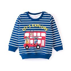 Babyhug 100% Cotton Knit Full Sleeves Striped Sweatshirt with Graphics Print - Blue & White Melange