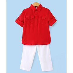 Babyhug Full Sleeves Solid Pathani Kurta & Pyjama Set - Red