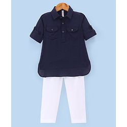 Babyhug Full Sleeves Solid Pathani Kurta & Pyjama Set - Navy Blue