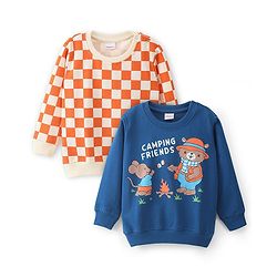 Babyhug 100% Cotton Knit Full Sleeves Checks & Mice Printed Sweatshirts Pack of 2 - Blue & Orange