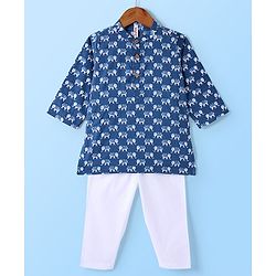 Babyhug Cotton Woven Full Sleeves Kurta and Pajama Set Elephant Print - Blue