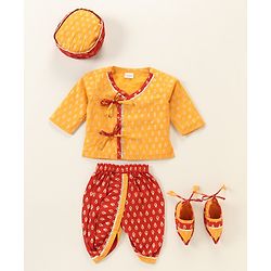 Babyhug Woven Full Sleeves Kurta & Dhoti Set with Cap & Booties Bandhani Print - Red & Yellow