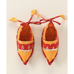 Babyhug Woven Full Sleeves Kurta & Dhoti Set with Cap & Booties Bandhani Print - Red & Yellow