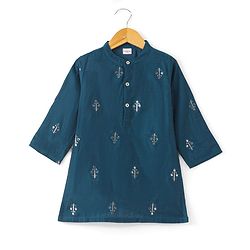 Babyhug Full Sleeves Floral Embroidery Kurta with Solid Dhoti Set - Teal Blue