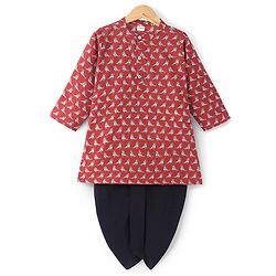 Babyhug Cotton Woven Full Sleeves Kurta & Dhoti Set Birds Print - Red