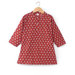 Babyhug Cotton Woven Full Sleeves Kurta & Dhoti Set Birds Print - Red