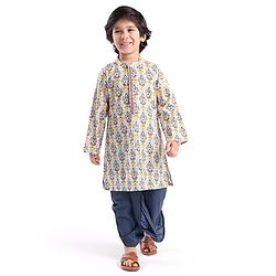 Babyhug 100% Cambric Fullh Sleeve Printed Kurta With Solid Dhoti Set - Off White & Navy