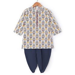 Babyhug 100% Cambric Fullh Sleeve Printed Kurta With Solid Dhoti Set - Off White & Navy