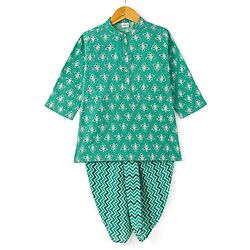 Babyhug 100% Cotton Woven Kurta With Solid Dhoti Set With Leaves Print - Green