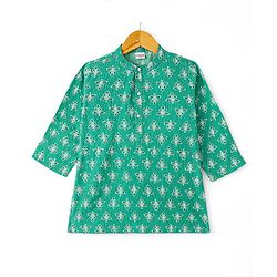 Babyhug 100% Cotton Woven Kurta With Solid Dhoti Set With Leaves Print - Green