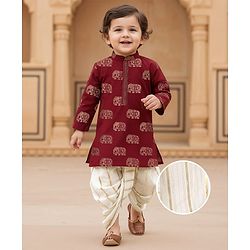 Babyhug 100% Cotton Woven Kurta With Solid Dhoti Set With Foil Printed - Off White & Maroon