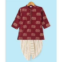 Babyhug 100% Cotton Woven Kurta With Solid Dhoti Set With Foil Printed - Off White & Maroon