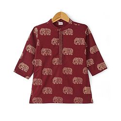 Babyhug 100% Cotton Woven Kurta With Solid Dhoti Set With Foil Printed - Off White & Maroon
