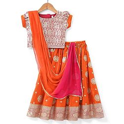 Babyhug Woven Half Sleeve Brocade Choli With Lehenga And Dupatta Set - Orange Red & Pink