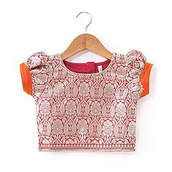 Babyhug Woven Half Sleeve Brocade Choli With Lehenga And Dupatta Set - Orange Red & Pink