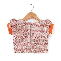Babyhug Woven Half Sleeve Brocade Choli With Lehenga And Dupatta Set - Orange Red & Pink