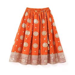 Babyhug Woven Half Sleeve Brocade Choli With Lehenga And Dupatta Set - Orange Red & Pink