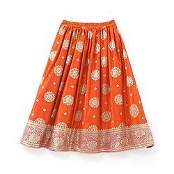 Babyhug Woven Half Sleeve Brocade Choli With Lehenga And Dupatta Set - Orange Red & Pink