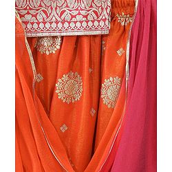 Babyhug Woven Half Sleeve Brocade Choli With Lehenga And Dupatta Set - Orange Red & Pink