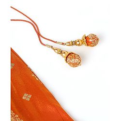 Babyhug Woven Half Sleeve Brocade Choli With Lehenga And Dupatta Set - Orange Red & Pink