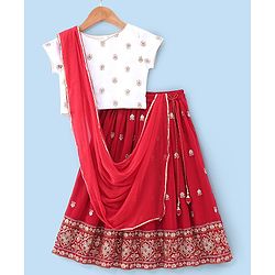 Babyhug Woven Half Sleeves Choli & Lehenga Set with Dupatta & Floral Embroidery - White & Red