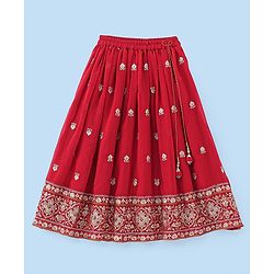 Babyhug Woven Half Sleeves Choli & Lehenga Set with Dupatta & Floral Embroidery - White & Red