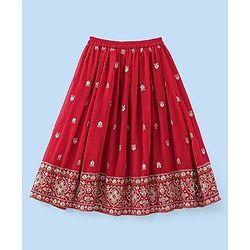 Babyhug Woven Half Sleeves Choli & Lehenga Set with Dupatta & Floral Embroidery - White & Red