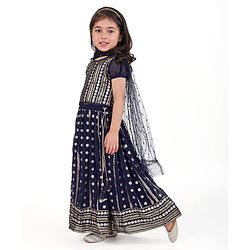 Babyhug Half Sleeves Embroidered Choli with Embroidered Lehenga and Dupatta Set  - Navy Blue