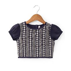 Babyhug Half Sleeves Embroidered Choli with Embroidered Lehenga and Dupatta Set  - Navy Blue