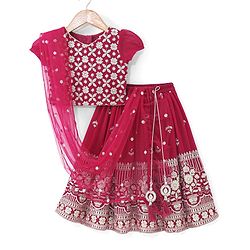 Babyhug Short Sleeve Floral Embroidered Choli with Lehenga and Dupatta Set-Hot Pink