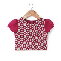 Babyhug Short Sleeve Floral Embroidered Choli with Lehenga and Dupatta Set-Hot Pink