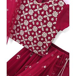 Babyhug Short Sleeve Floral Embroidered Choli with Lehenga and Dupatta Set-Hot Pink
