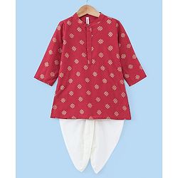 Babyhug Woven Full Sleeves Kurta & Dhoti Set Floral Gold Printed - Maroon & White
