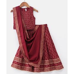 Babyhug  Sleeveless Foil Printed Lehenga Choli and Dupatta Set - Maroon