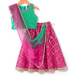 Babyhug Sleeveless Floral Embroidered Lehenga Choli and Dupatta - Fuschia & Green