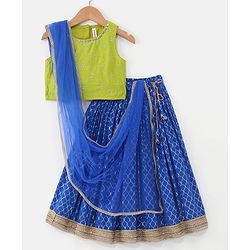 Babyhug Sleeveless Embroidered Choli With Foil Printed Lehenga and Dupatta Set -Blue