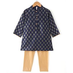 Babyhug Full Sleeves Foil Printed Kurta Pajama Set - Blue
