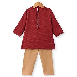 Babyhug Three Fourth Sleeve Swiss Dot Dobby Kurta With Pyjama Set -Red